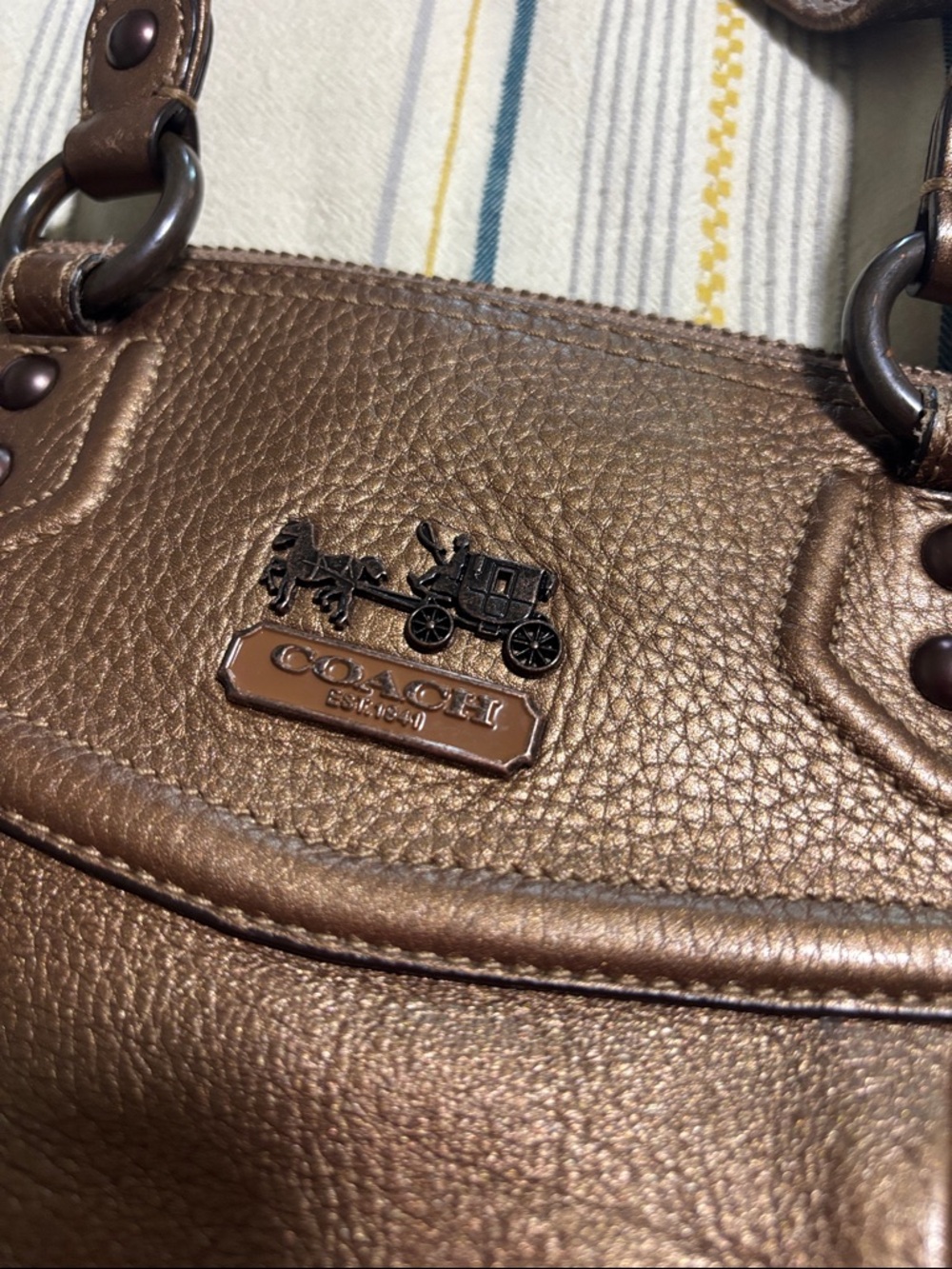 COACH Metallic Bronze Pebbled Leather Tote with Top Handles and shoulder strap - Picture 2 of 12